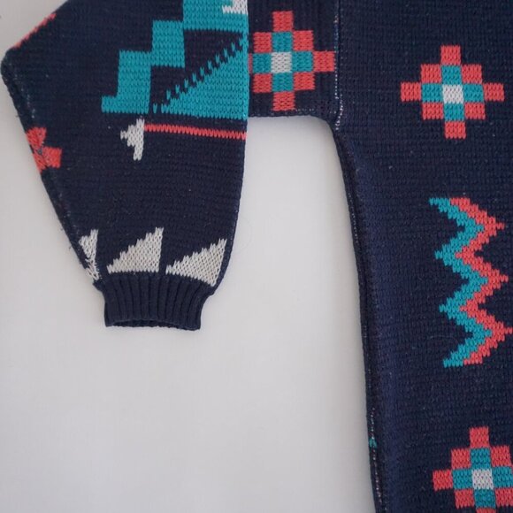 Vintage '80s B.E-Z Navy Teal Aztec Biggie Cosby Chunky Knit Crewneck Sweater L - Picture 8 of 9